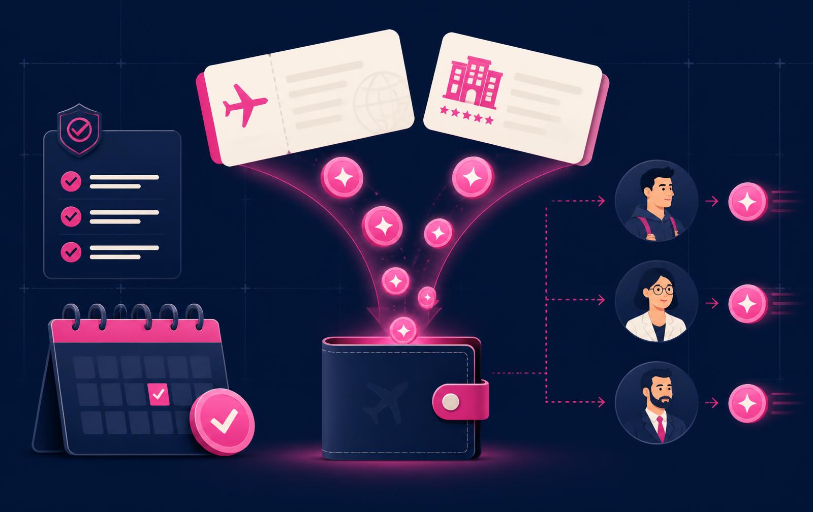 Ilustração do cashback em viagens corporativas da Loupit: passagem e hotel gerando créditos que vão para a carteira do viajante